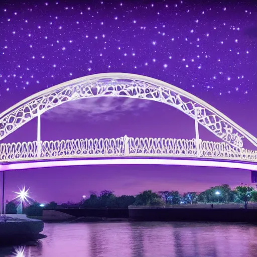 Prompt: bridge in the shape of Mickey mouse purple night sky