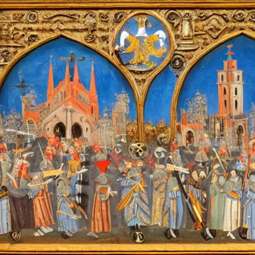 Image similar to a medival painting of holy objects flying above a medival town.