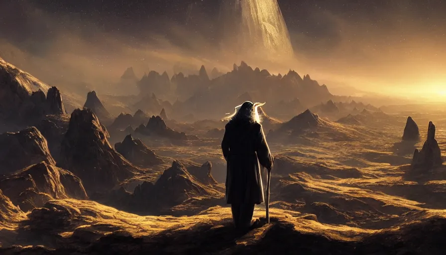 Prompt: a beautiful painting of gandalf watching ngc 6 3 0 2 in the sky of an alien world, ray traced lighting by jean kalin popov and greg rutkowski