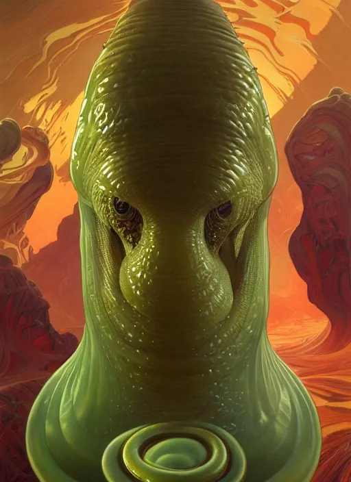 Image similar to elon musk as mollusk, slime, drool, portrait, intricate, elegant, highly detailed, digital painting, artstation, concept art, wallpaper, smooth, sharp focus, illustration, art by artgerm and greg rutkowski and alphonse mucha