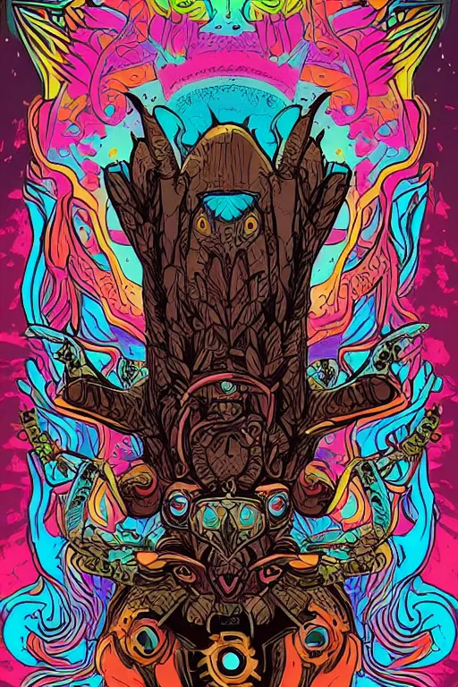 Image similar to animal mask totem roots flower tribal feather gemstone plant wood rock shaman vodoo video game vector cutout illustration vivid multicolor borderlands comics by josan gonzales and dan mumford radiating a glowing aura