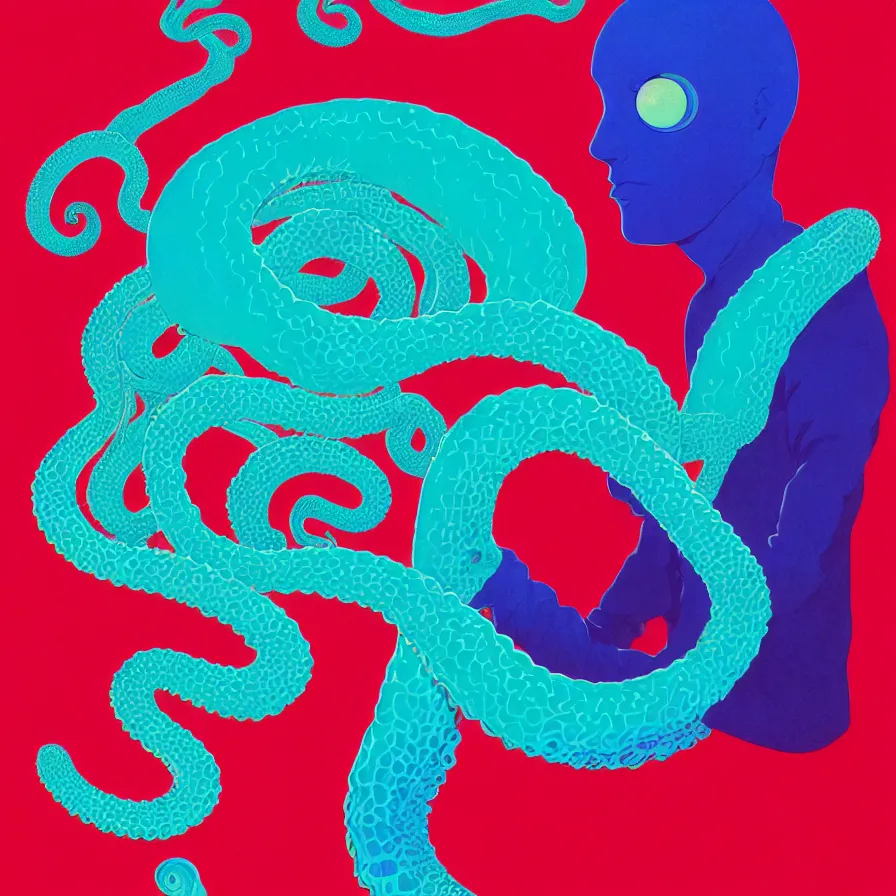 Prompt: a tentacle portrait of a young morrocan man holding a colorful blotter paper of lsd acid and dreaming psychedelic hallucinations in the vast icy landscape of antarctica, by soul bass, kawase hasui, moebius and edward hopper, colorful flat surreal design, xray hd, 8 k, artstation