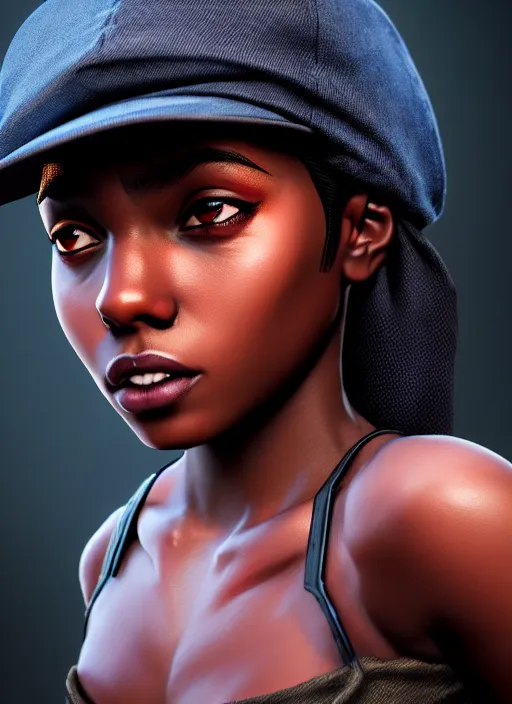 Image similar to An epic fantasy comic book style portrait painting of a young dark skinned girl with short hair wearing fantasy clothes dressed as a boy and wearing newsboy cap, unreal 5, DAZ, hyperrealistic, octane render, cosplay, RPG portrait, dynamic lighting