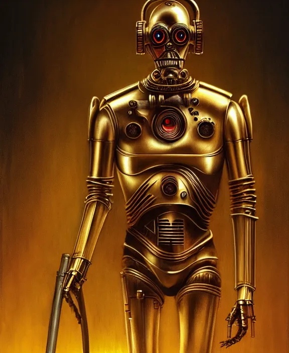 Image similar to demonic c - 3 po, by hr giger and beksinski and stephan martiniere, trending on artstation, 4 k resolution, detailed, high quality, hq artwork