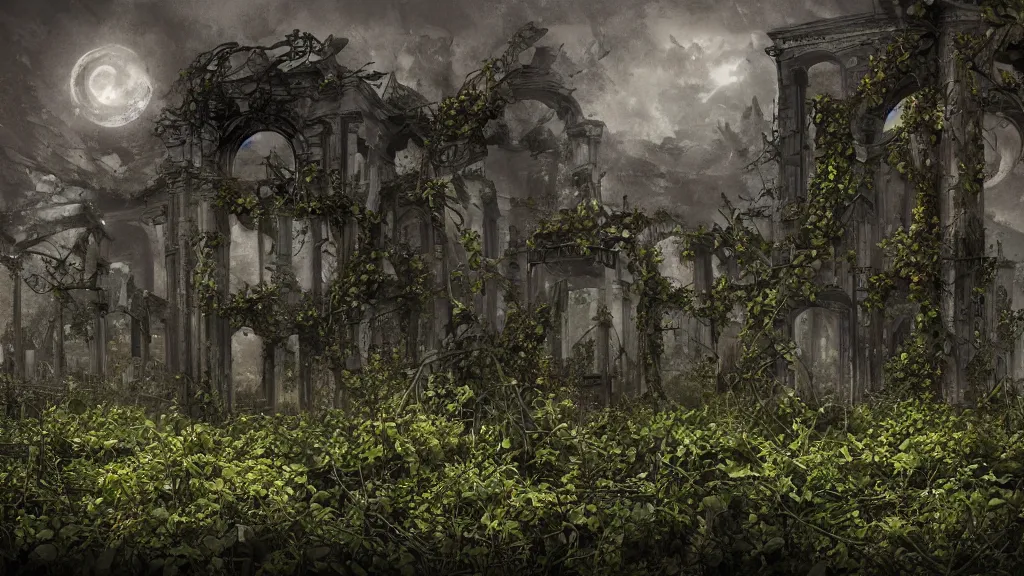 Image similar to an apocalyptic ruins, flowery, vines, foggy, eerie, scary, digital art