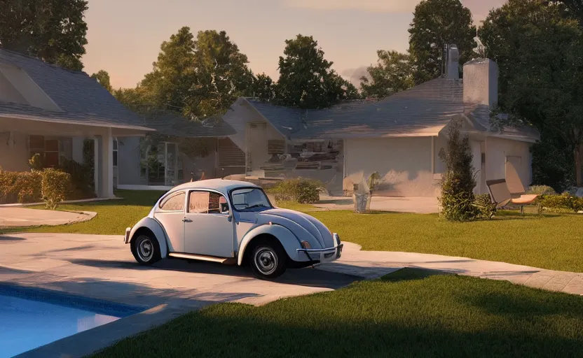 Image similar to a vw beetle parked near a modern small house with a pool at sunrise, concept art, octane render, unreal engine 5, trending on artstation, high quality, highly detailed, 8 k, soft lighting, path traced, godrays, lens flare, hyperrealistic, symmetrical, low contrast, digital art, beautiful, elegant