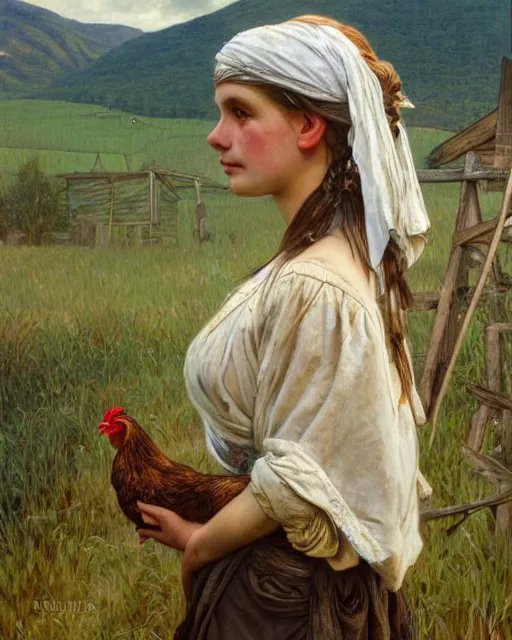 Image similar to side portrait Appalachian farm girl with detailed features, weathered barn in the backdrop, chickens on the ground, Appalachian trees, sharp focus, illustration, highly detailed, oil painting, matte, art by Greg Rutkowski and Alphonse Mucha, masterpiece