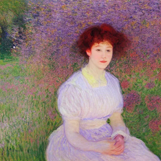 Image similar to portrait of cute girl with short curly red hair sitting in a field of lilac flowers, Monet painting