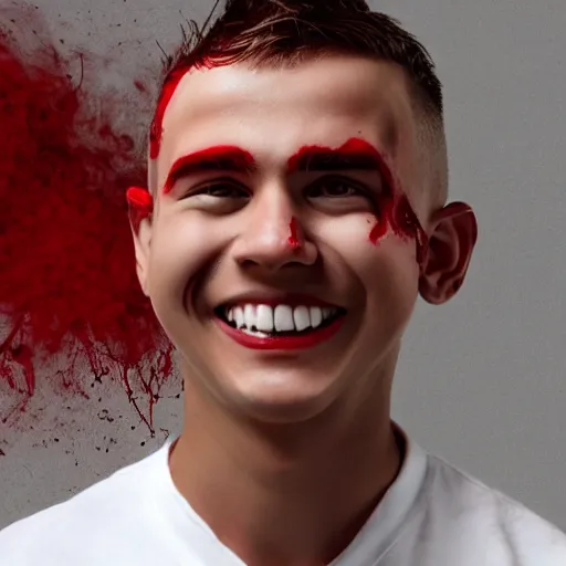 Image similar to a male cartoon teen in red with blood and an evil grin with injuries wearing white shirt on a burning background and short hair