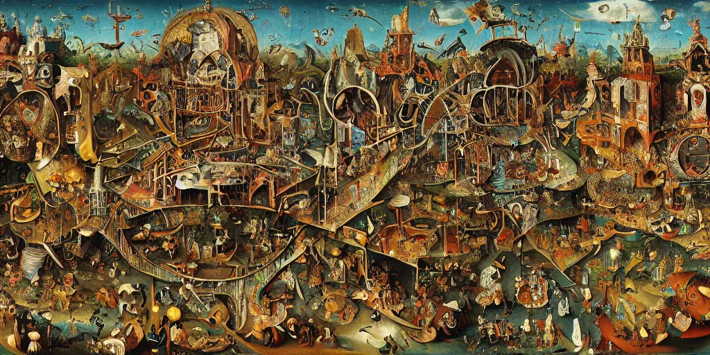 Image similar to wacky liminal funhouse megastructure in the style of heironymus bosch, intricate masterpiece, hyper detailed, hd