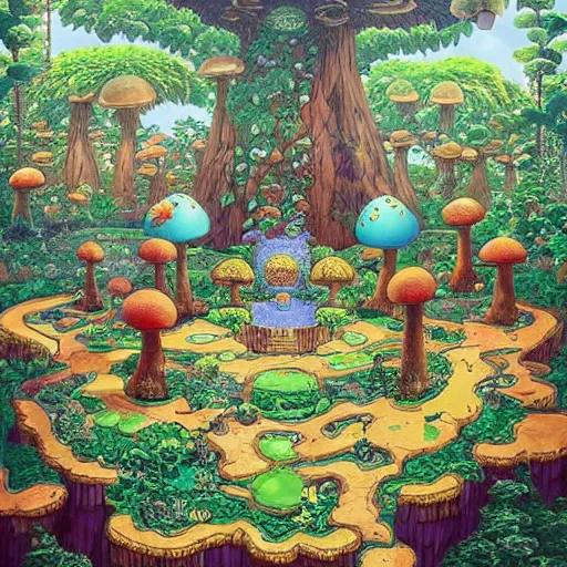 Image similar to mario looks at a stunning fairy landscape with the mushroom kingdom from super mario bros in the middle of the forest, ornate, intricate, in the style of miyazaki, studio ghibli, hyper detailed