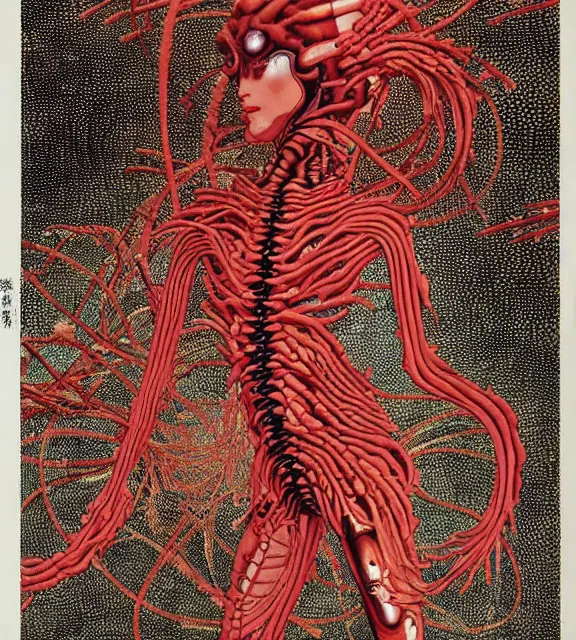 Image similar to still frame from Prometheus, harvest goddess cyborg in crimson filament mycelium, dressed by Neri Oxman and alexander mcqueen, metal couture haute couture editorial by giger by utagawa kuniyoshi