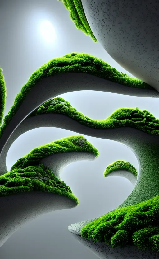 Image similar to highly detailed ultra sharp 3 d render cinematic composition of a smooth ceramic porcelain magnolia stone nebula biomorphic fluid fractal sci - fi surreal architecture landscape, metallic, white marble, foliage moss, vincent callebaut composition, mamou - mani, archviz, beautiful lighting, 8 k, unreal engine, hdr,