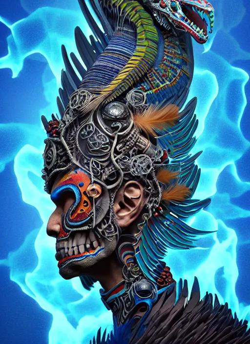 Image similar to 3 d shaman with tattoos profile portrait, sigma 5 0 0 mm f / 5. beautiful intricate highly detailed quetzalcoatl skull and feathers. bioluminescent, plasma, lava, ice, water, wind, creature, thunderstorm! artwork by tooth wu and wlop and beeple and greg rutkowski, 8 k trending on artstation,