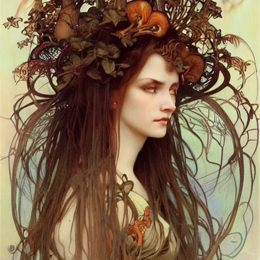 Prompt: realistic detailed face portrait of a beautiful young swamp witch with exotic mushrooms growing in her hair like a halo by Alphonse Mucha, Ayami Kojima, Amano, Charlie Bowater, Karol Bak, Greg Hildebrandt, Jean Delville, and Mark Brooks, Art Nouveau, Neo-Gothic, gothic, rich deep moody colors