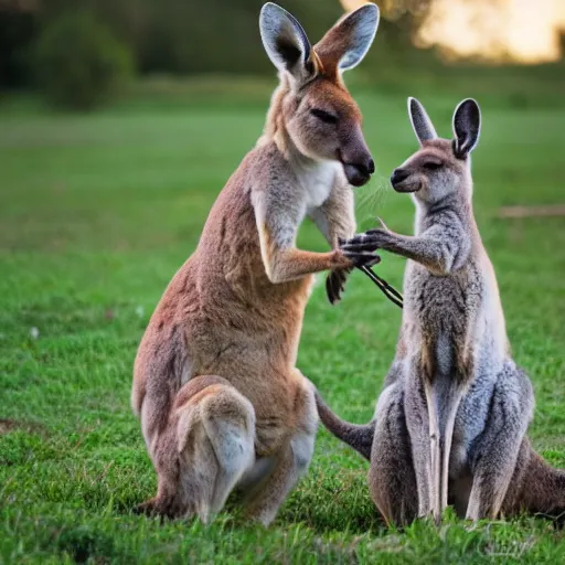 Image similar to a kangaroo and a very cute white rural dog photograph, high quality, award winning