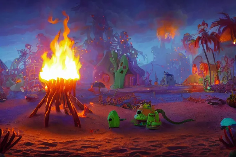 Prompt: the most amazing dream you ever had about bikini bottom bonfire, hyper realistic, ambient lighting, concept art, intricate, hyper detailed, smooth, dynamic volumetric lighting, octane, cinematic