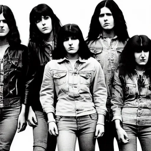 Image similar to group of 1 9 - year - old girls wearing black leather jackets and denim jeans, long wavy hair, proto - metal band promo, band promo, hard rock band, 1 9 7 0 photograph