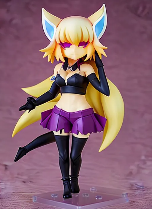 Image similar to chic kda ahri from league of legends nendoroid full body hyperdetalied, hero action pose, osamu tezuka, macoto takahashi, chibi, q posket, 8 k realistic, 3 d, cryengine, exquisite, charming smile, shape focus, symmetrical face, artstation, frostbite 3 engine, cryengine