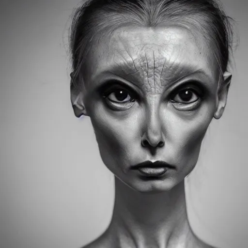 Prompt: studio portrait photography of a female grey humanoid hybrid extraterrestrial with large eyes