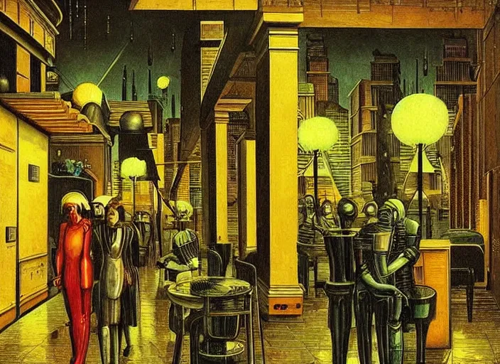 Image similar to melancholy rainy night at a cyberpunk cafe in an infinity cyberpunk city by giorgio de chirico