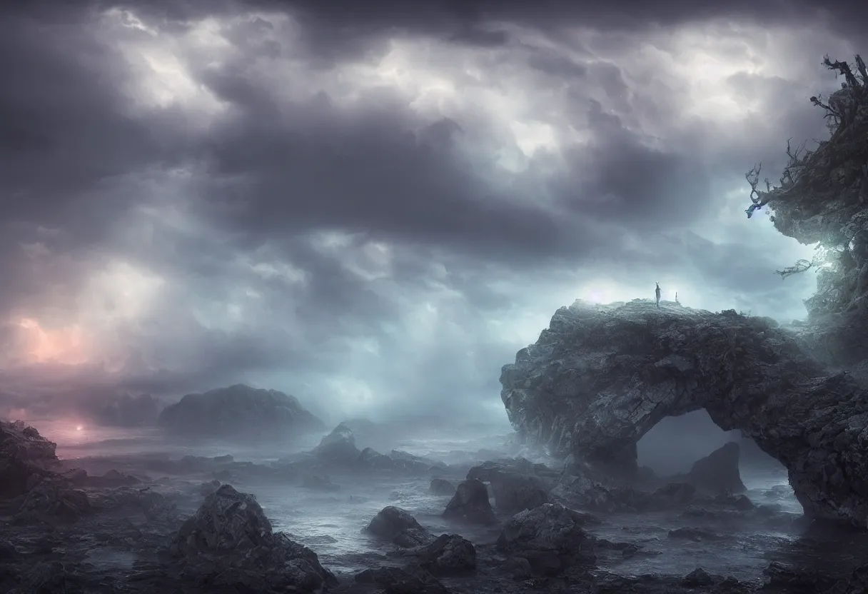 Image similar to Photorealistic epic misty landscape with magical floating rocks, with ominous storm clouds, bioluminescent glowing runes, stones falling from the sky, a gentle rising mist. occult photorealism, UHD, amazing depth, cinematic lighting, epic scale, glowing rich colors, powerful imagery, psychedelic Overtones, concept art