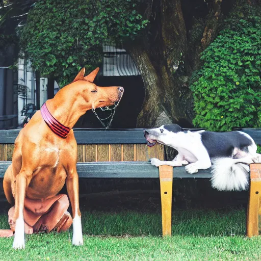 Prompt: dog and horse smoking bong together on bench