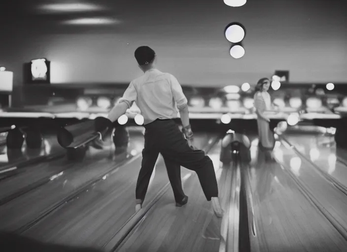 Image similar to a 35mm photograph of a man and a woman at a bowling alley in the 1950's at sunset, bokeh, Canon 50mm, cinematic lighting, photography, retro, film, Kodachrome