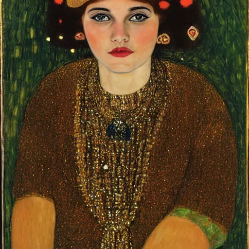 Image similar to a portrait of feminine benjamin netanyahu in gold garbs and jewels, by gustave klimt