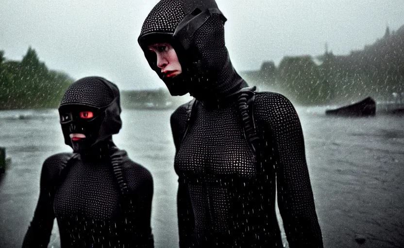 Image similar to cinestill 5 0 d candid photographic portrait by helen levitt of two loving skandinavian female androids wearing rugged black mesh techwear in treacherous waters, extreme closeup, modern cyberpunk moody depressing cinematic, pouring rain, 8 k, hd, high resolution, 3 5 mm, f / 3 2, ultra realistic faces, ex machina