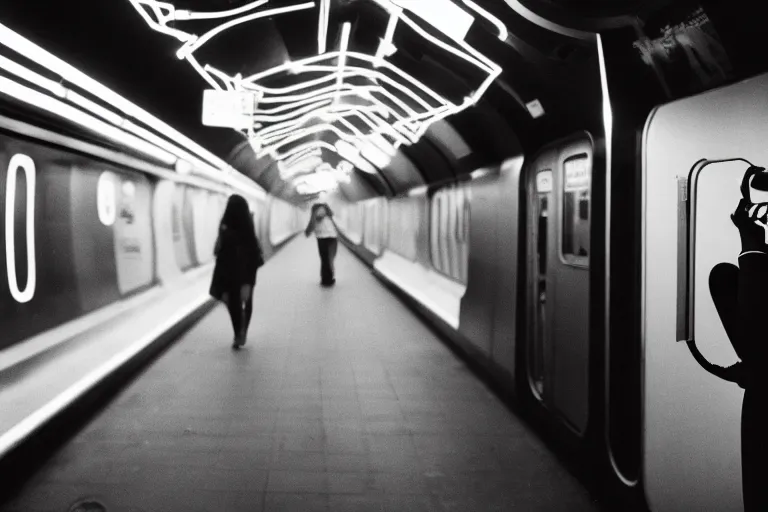 Image similar to girl wearing futuristic augmented reality headset in a subway, richard avedon, tri - x pan, ominous lighting