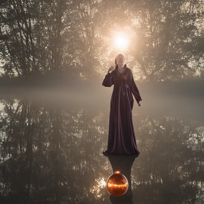 Prompt: a closeup portrait of a woman wrapped in plastic, standing next to a giant huge levitating copper orb, in a foggy pond, golden hour, color photograph, by jan van eyck, canon eos c 3 0 0, ƒ 1. 8, 3 5 mm, 8 k, medium - format print