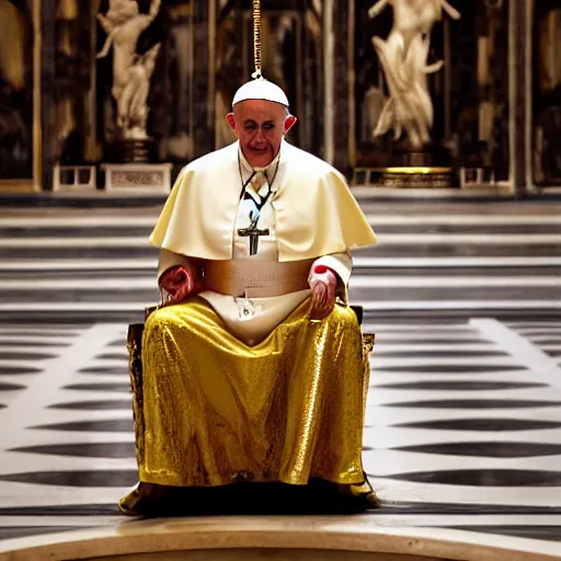 Image similar to photo of the Pope sitting on a golden toilet, 50mm, beautiful photo