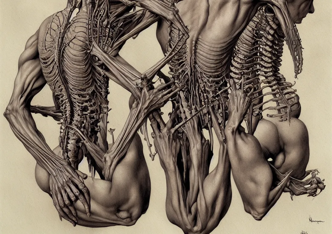 Image similar to human spine artists anatomy in the style of wayne barlowe, gustav moreau, goward, bussiere, roberto ferri, santiago caruso, luis ricardo falero, dali