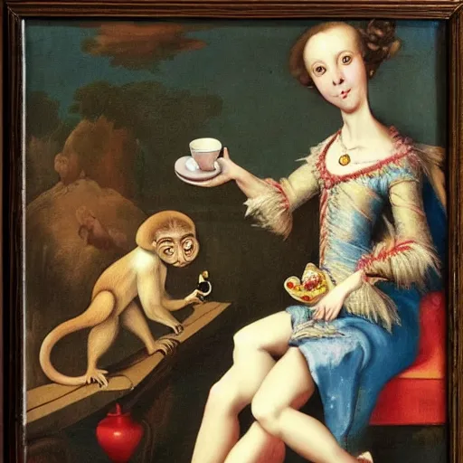 Prompt: a monkey with heels drinking tea as a baroque painting