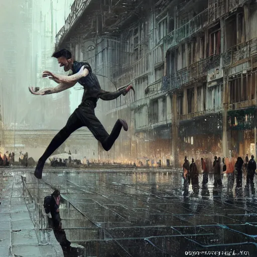 Image similar to a highly detailed epic cinematic concept art CG render digital painting artwork inspired by Henri Cartier-Bresson's Behind the Gare Saint-Lazare, man jumping over a puddle of water. By Greg Rutkowski, Ilya Kuvshinov, WLOP, Stanley Artgerm Lau, Ruan Jia and Fenghua Zhong, trending on ArtStation, made in Maya, Blender and Photoshop, octane render, excellent composition, cinematic atmosphere, dynamic dramatic cinematic lighting, aesthetic, very inspirational, arthouse