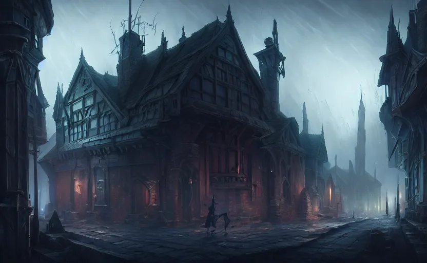 Image similar to extreme long shot concept art depicted old english majestic town, dramatic mood, overcast mood, dark fantasy environment, detailpunk, art inspired by league of legends and arcane, style by paulus decker, jason engle, jordan grimmer, trending on artstation, unreal engine, golden ratio, spectacular composition, realistic architecture