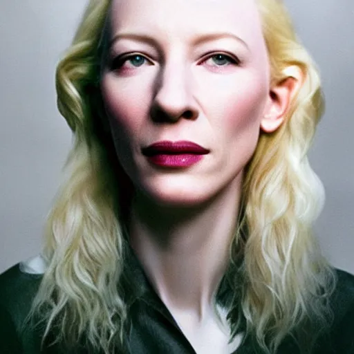 Image similar to realistic expired kodak film portrait of albino kate blanchett mix, hyperrealism, hypermaximalism, photorealistic, detailed, atmospheric, 8 k, award winning photography, cinematic