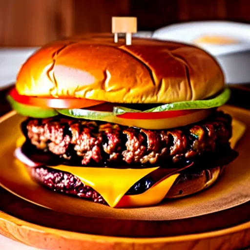 Image similar to The ultimate double cheeseburger, on a hand carved cherrywood plate. Perfect photography.