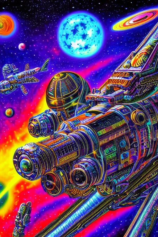 Prompt: maximalist detailed space scene lowbrow scifi artwork by kidsquidy. ray tracing hdr polished sharp in visionary psychedelic fineart style