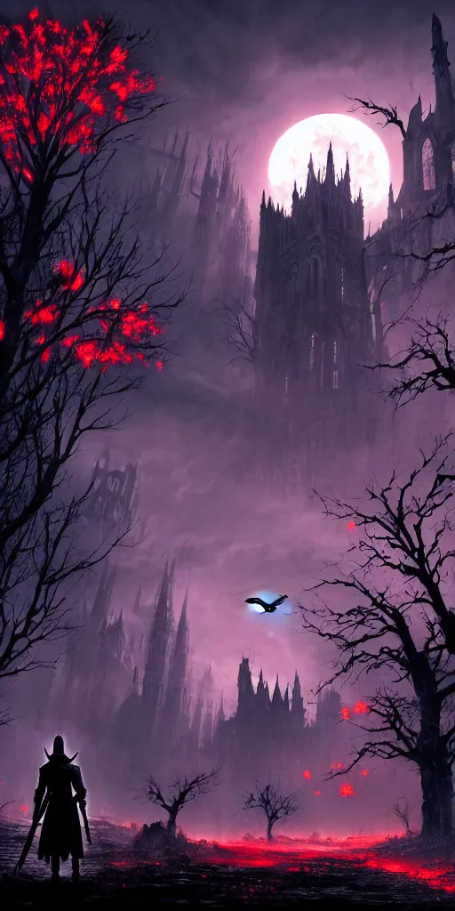 Image similar to abandoned bloodborne old valley with a person at the centre and a ruined gothic city at the emd, trees and stars in the background, bats in the sky, falling red petals, epic red - orange moonlight, perfect lightning, wallpaper illustration by niko delort and kentaro miura, 4 k, ultra realistic