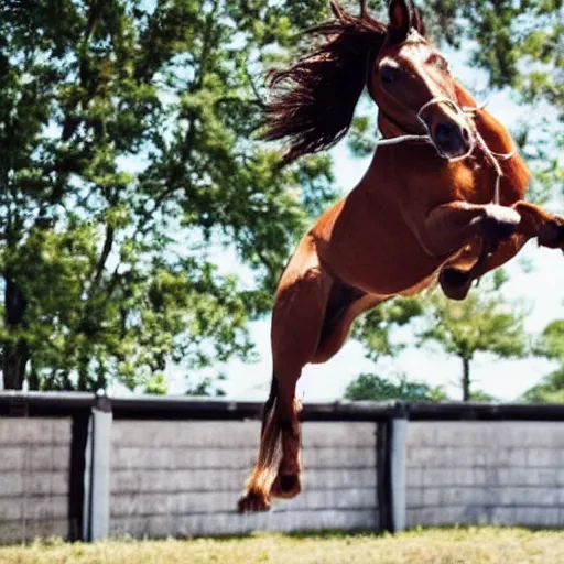 Image similar to a white boy with long brown hair in a pony tail, green eyes, jumping.