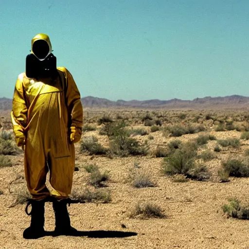 Prompt: a man wearing a hazmat suit and gasmask, in the desert, film still, directed by vince gilligan