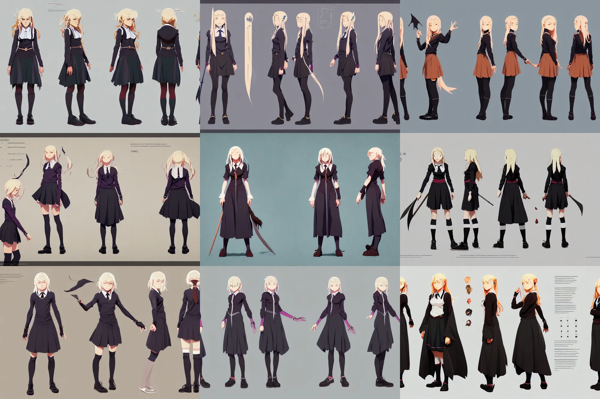 Image similar to character sheet of attractive female student witch, magic school uniform, blonde hair, by greg rutkowski and studio ghibli, digital art, trending on artstation, highly detailed, concept art, beautiful, masterpiece