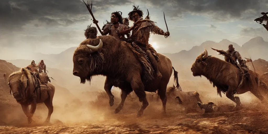 Image similar to indian tribe on wood ATV attacking bisons, action scene, an epic western, dramatic lighting, cinematic, establishing shot, extremely high detail, photorealistic, cinematic lighting, artstation, octane render, old photo, buffalo hunt movie, alpha movie, western