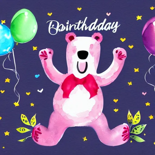 Image similar to watercolor cute animated bear holding birthday balloons, white background,