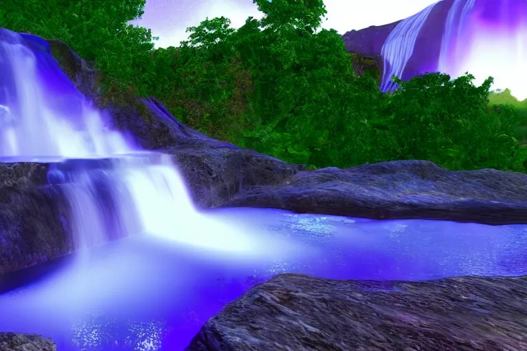 Image similar to A waterfall with glowing purple water. Cinematic lighting. Photorealism.