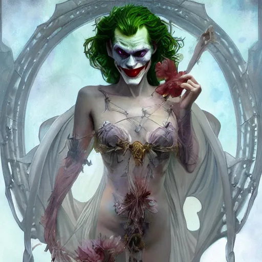 Image similar to portrait of the joker as a delicate fragile celestial queen, batman, forest, godlike, upper body, fantasy, intricate, elegant, highly detailed, digital painting, artstation, concept art, sharp focus, illustration, art by artgerm and greg rutkowski and alphonse mucha