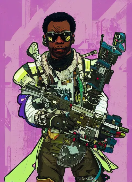 Image similar to chidi igwe. futuristic cyberpunk mercenary in sleek combat gear. portrait illustration, pop art, splash painting, art by geof darrow, ashley wood, alphonse mucha, makoto shinkai