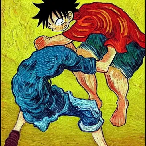 Prompt: Luffy from One Piece fist fights Jesus, in the style of a Van Gogh painting